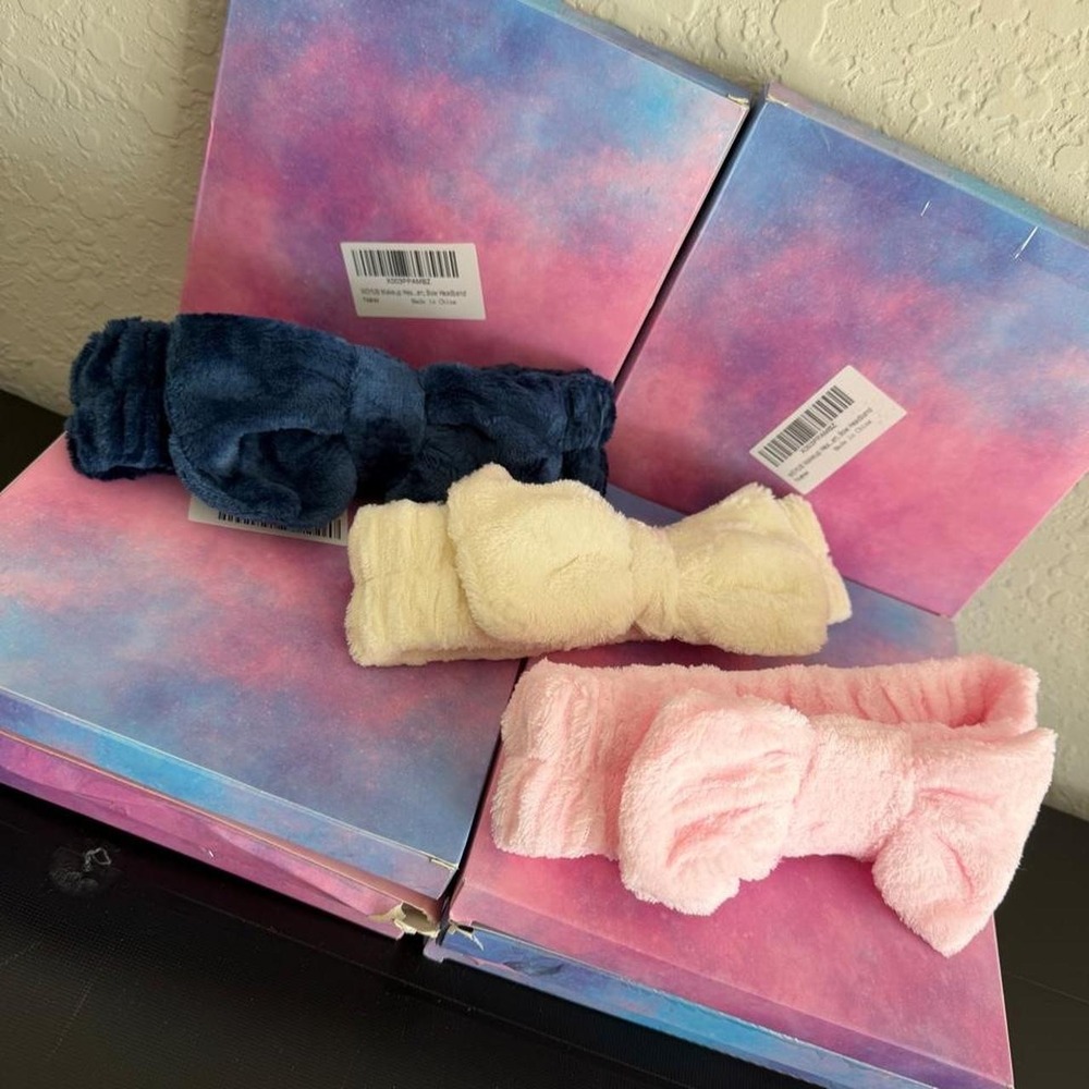 Plush Bow Spa Headband 3 Pack Pink Cream Navy Skincare Makeup Hair Band